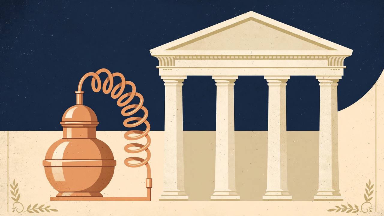 Editorial illustration of a small copper home still beside courthouse columns