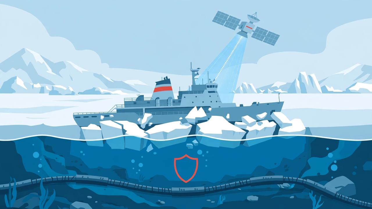 Editorial illustration: an icebreaker ship cutting through Arctic sea ice under a surveillance satellite, with a protected undersea cable running across the seabed below
