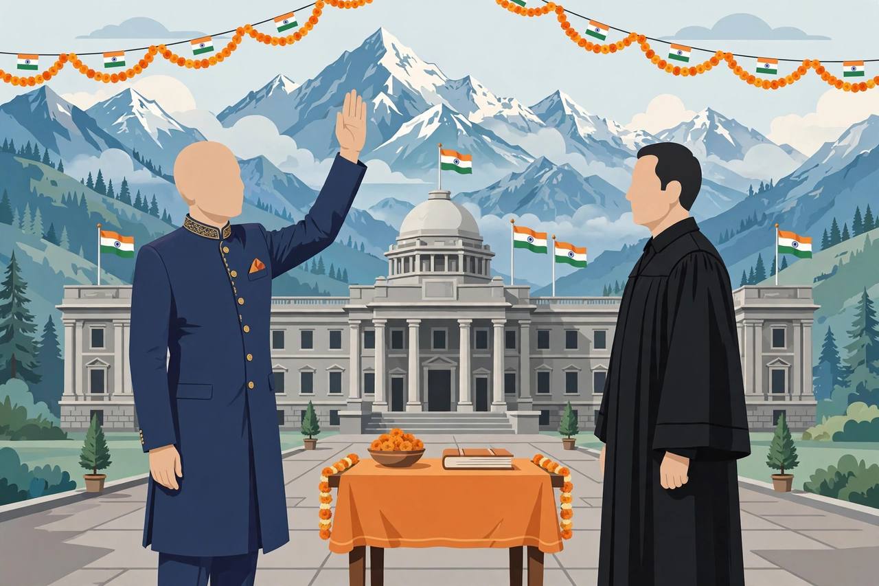 Editorial illustration: a formal swearing-in ceremony before a government building in the Himalayas, a figure in a bandhgala raising his right hand before a robed judge, generic figures with no real person's face