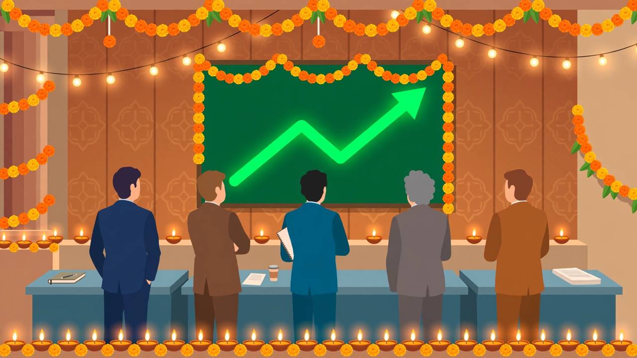 Editorial illustration: a stock-market trading hall decorated for Diwali with diyas, showing NSE and BSE tickers