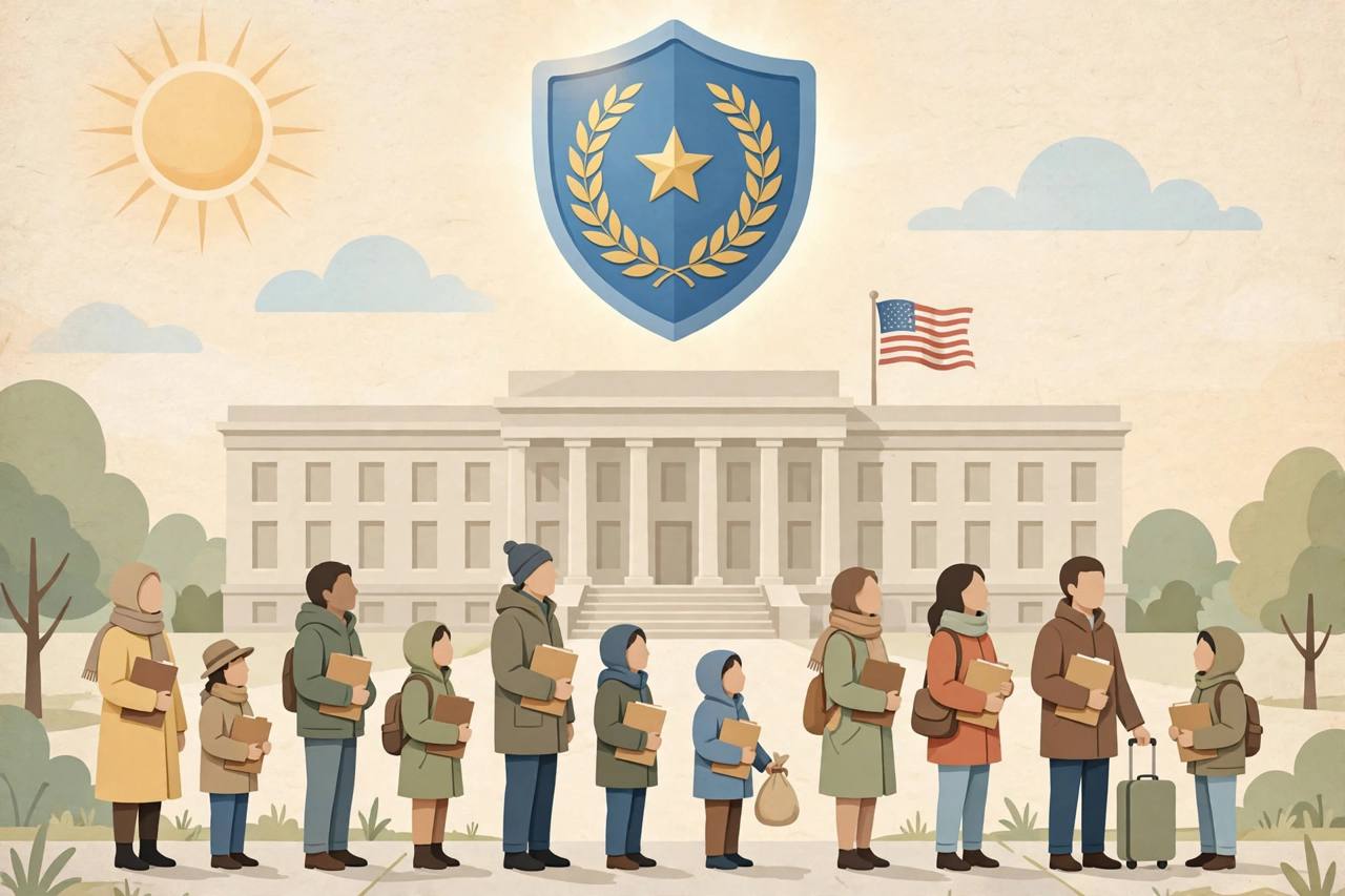 Editorial illustration of immigrant families with documents in front of a US government building under a protective shield
