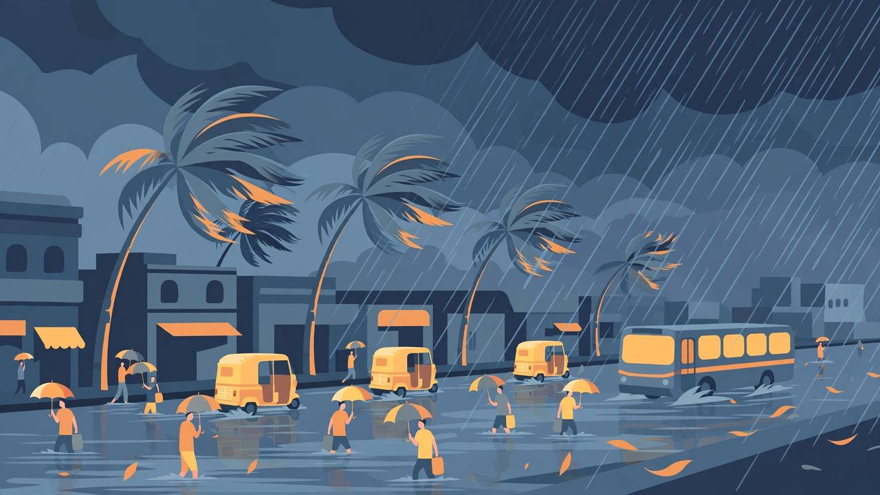 Editorial illustration: a Chennai street under very heavy monsoon rain, dark storm clouds, people with umbrellas wading through ankle-deep water, auto-rickshaws and buses moving slowly