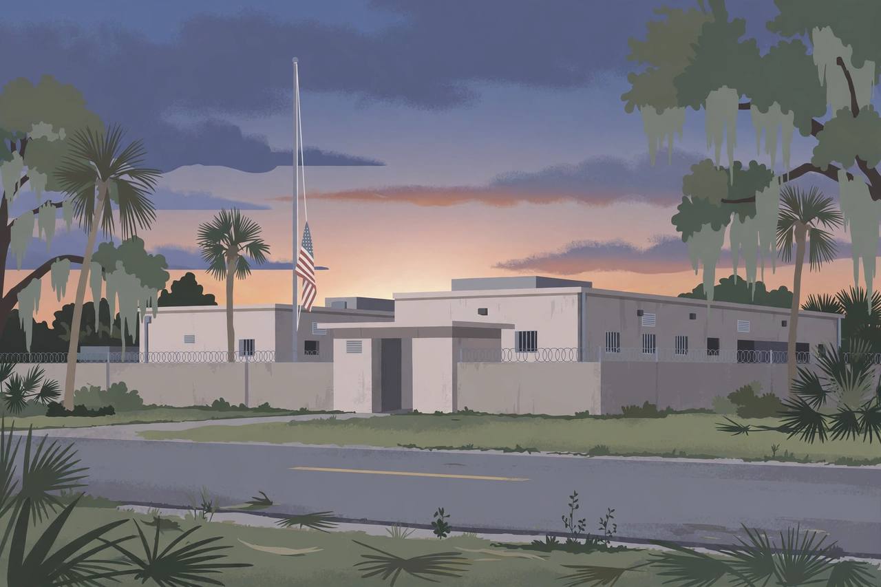 Editorial illustration: a quiet Florida prison exterior at dusk with a flag at half-staff — generic architecture only, no real person's likeness, no execution depicted