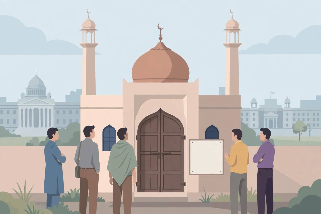 Editorial illustration: men standing before the closed wooden gates of a small domed mosque with two minarets in Delhi, a blank notice board on the wall and government buildings in the background