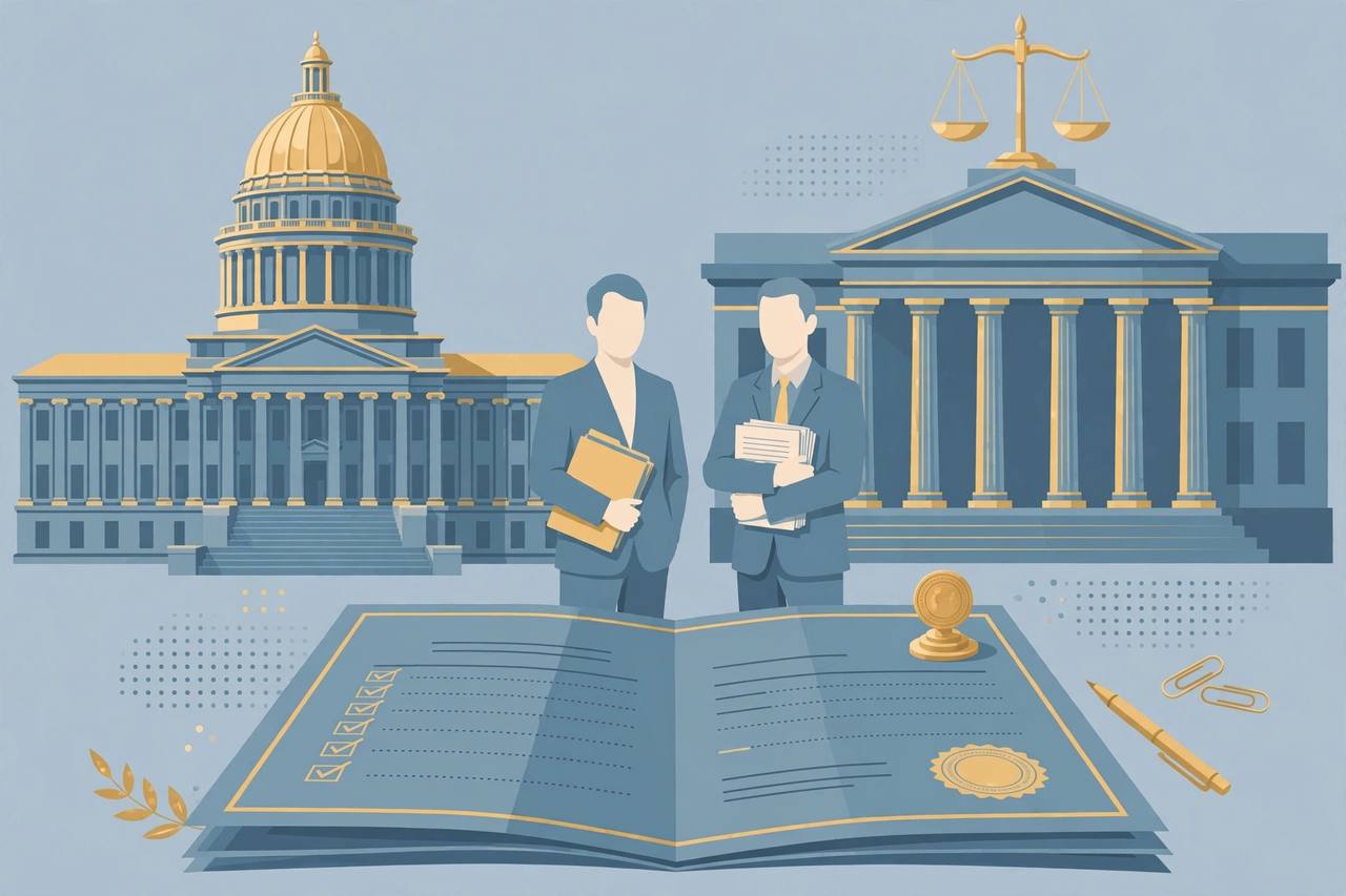 Editorial illustration: courthouse columns and scales of justice with generic attorneys holding a legal brief