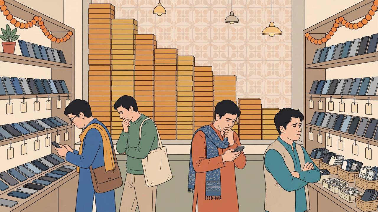 Editorial illustration: an Indian smartphone shop with hesitant shoppers and stacks of phone boxes forming a downward bar chart