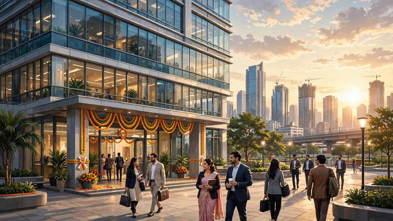 Editorial illustration: a modern glass corporate office tower in Mumbai's business district at golden hour, decorated with marigold garlands for an inauguration