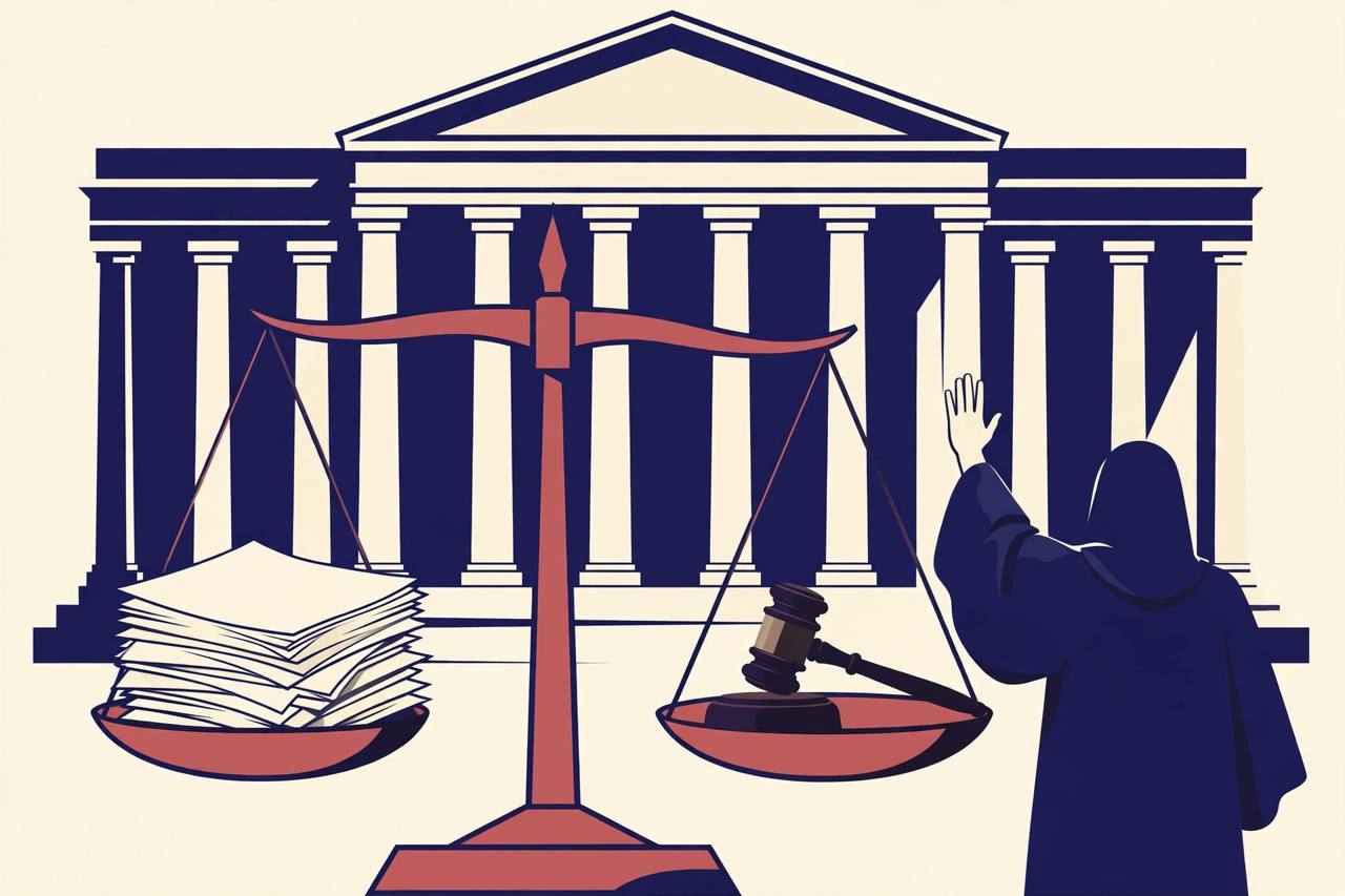 Editorial illustration: courthouse pillars and the scales of justice with blank invoices on one pan and a gavel on the other, a robed judge figure seen from behind
