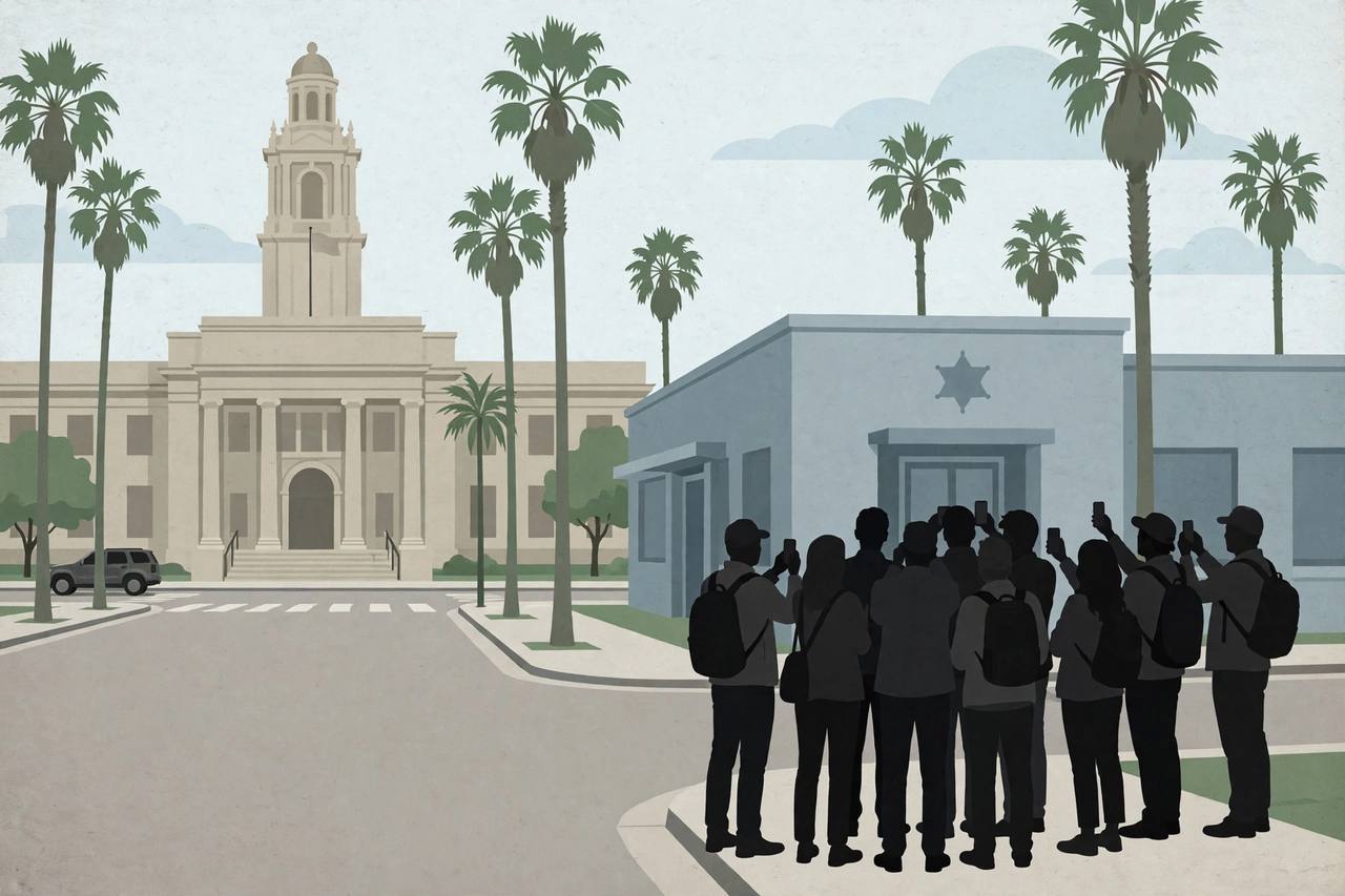 Editorial illustration: a Long Beach street with palm trees, city hall and generic residents — the incident itself is not depicted