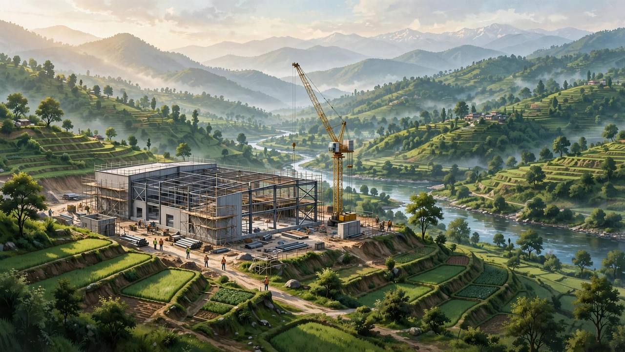 Editorial illustration: a large meat-processing plant under construction in the green hill country of Sindhuli, Nepal, with scaffolding, a crane and workers