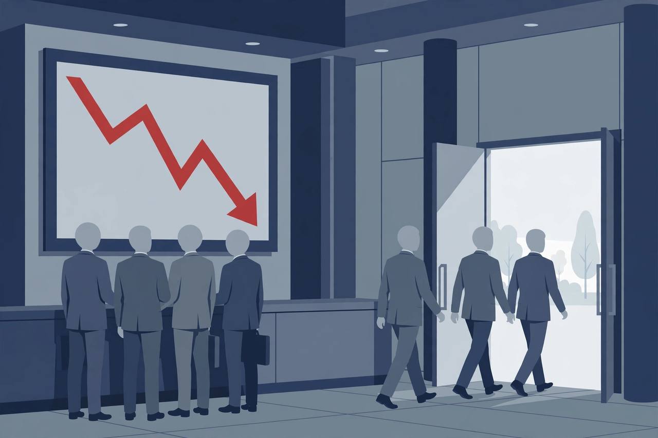 Editorial illustration: investors in a stock exchange watching a large falling red chart while others walk out through an open exit door