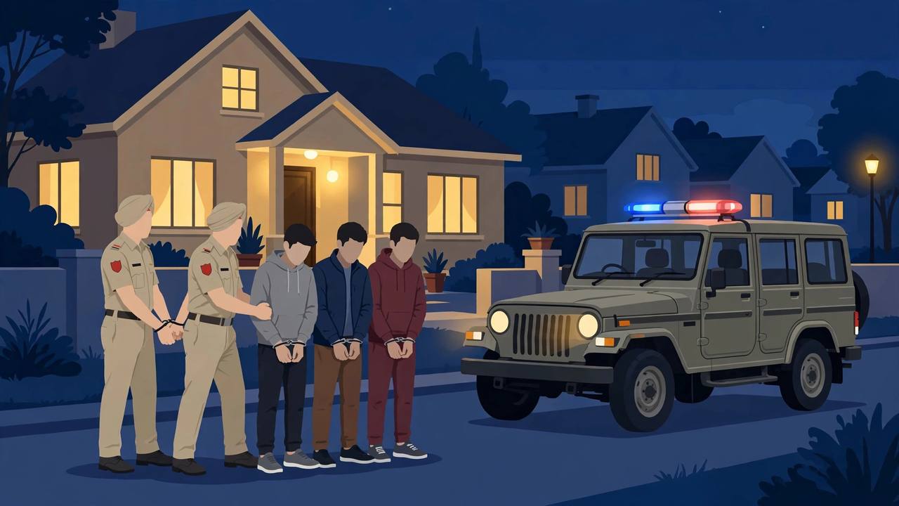 Editorial illustration: Punjab police officers in khaki uniforms arresting three young men outside a residential house at night, with a police jeep nearby