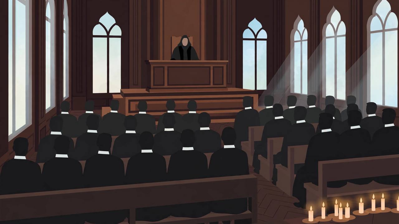 Editorial illustration of a Calcutta High Court courtroom inquiry hearing: a robed judge at a raised bench, lawyers' silhouettes seated below, and a small row of lit tribute candles in the foreground corner