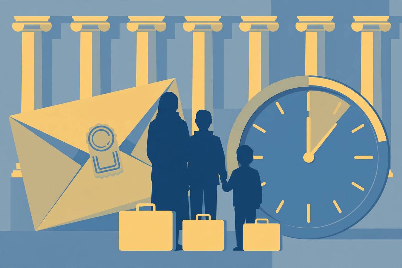 Editorial illustration: a generic refugee family with suitcases before a large official notice and a clock, courthouse columns behind