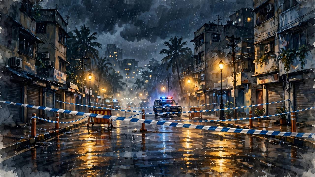 Police cordon at night in Juhu, Mumbai (illustration)