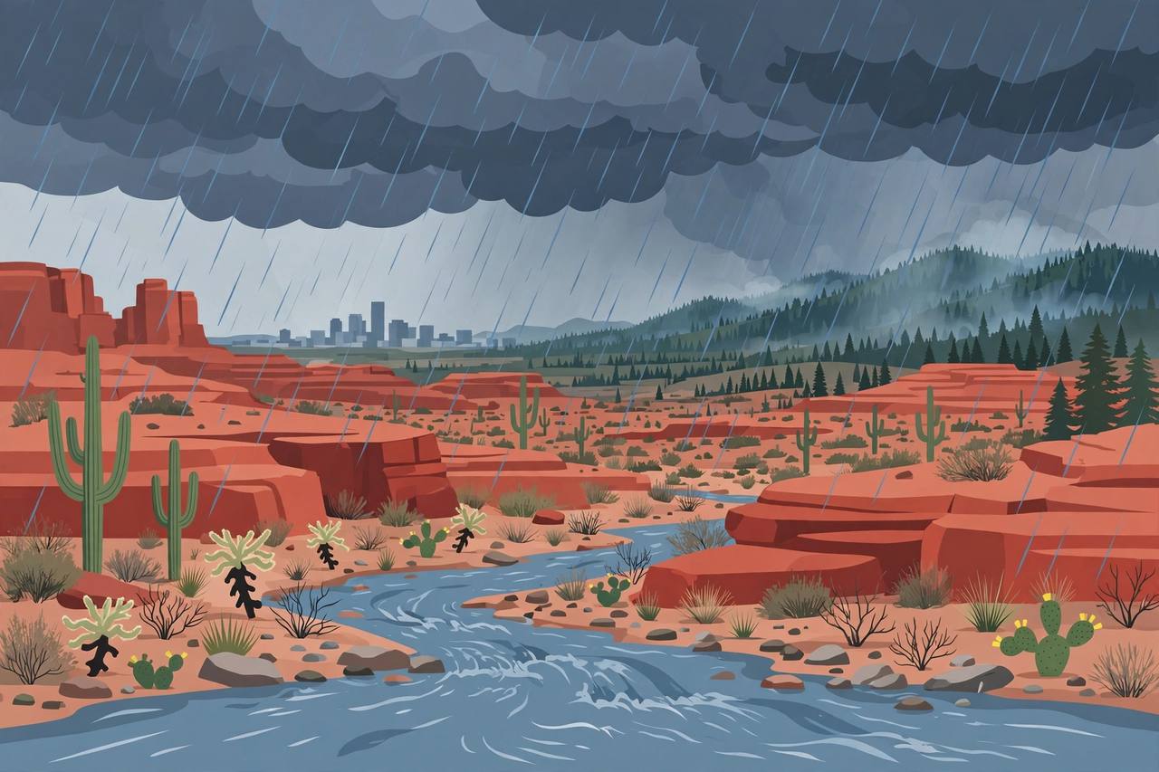 Editorial illustration: Arizona desert with dark storm clouds, heavy rain over red rocks and a dry wash filling with water