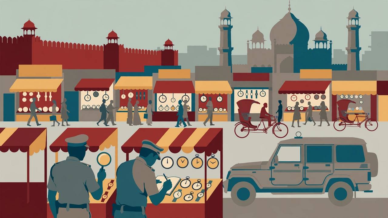Editorial illustration: a generic Old Delhi watch-market street with the Red Fort wall and Jama Masjid domes in the background, two police officers examining a watch stall and a police jeep parked nearby