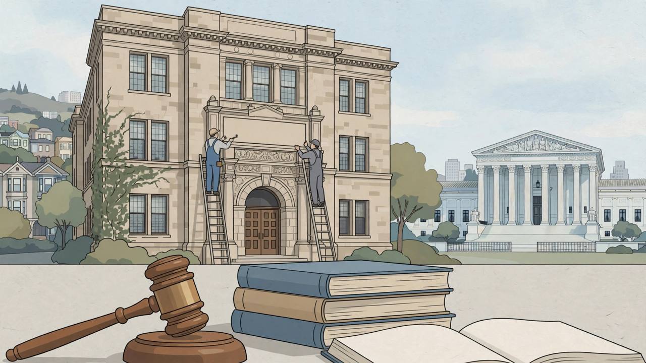 Editorial illustration of a law school building with a blank new nameplate, a gavel and law books, and courthouse columns