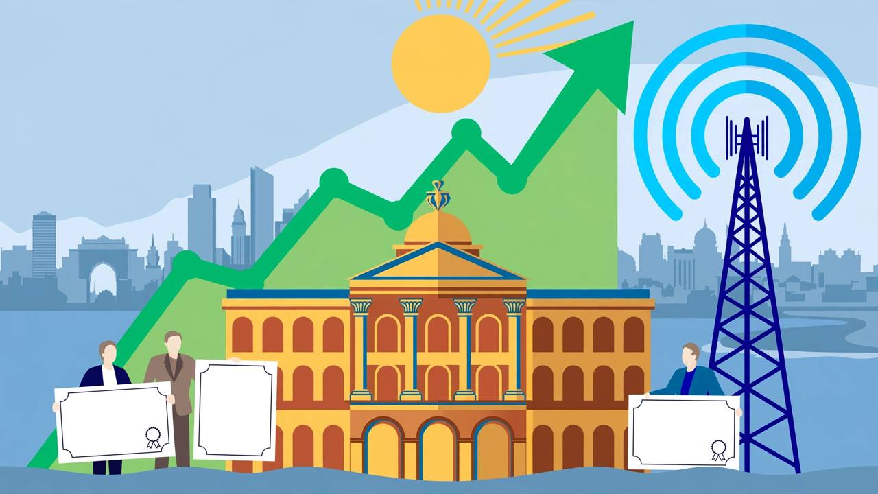 Editorial illustration: a stock exchange building with a rising green market chart, generic investors holding blank share certificates, and a telecom tower with signal waves