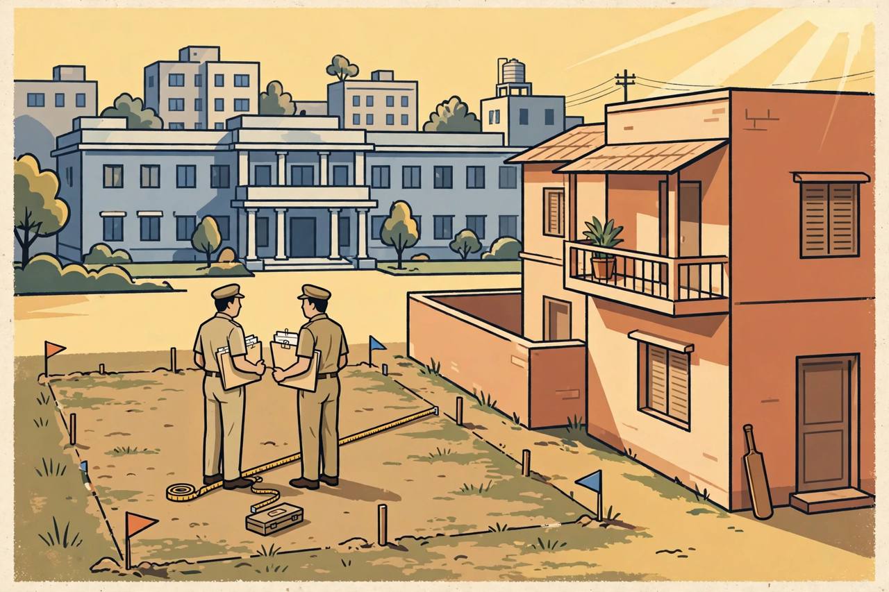 Editorial illustration: a disputed residential plot beside a family house in Vadodara, with municipal officials holding an allotment file