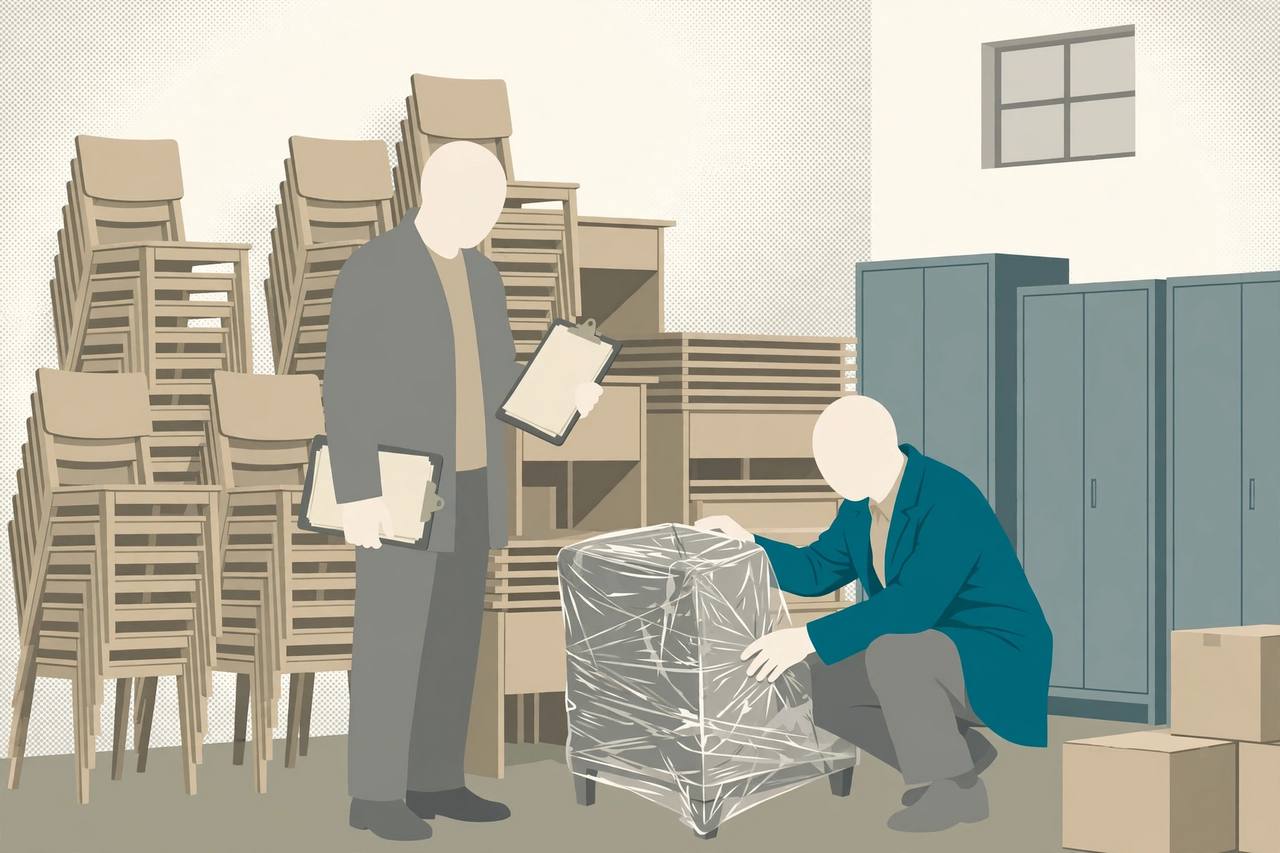 Editorial illustration: vigilance officers in plain clothes examining stacked new furniture and purchase files inside a government hospital storeroom
