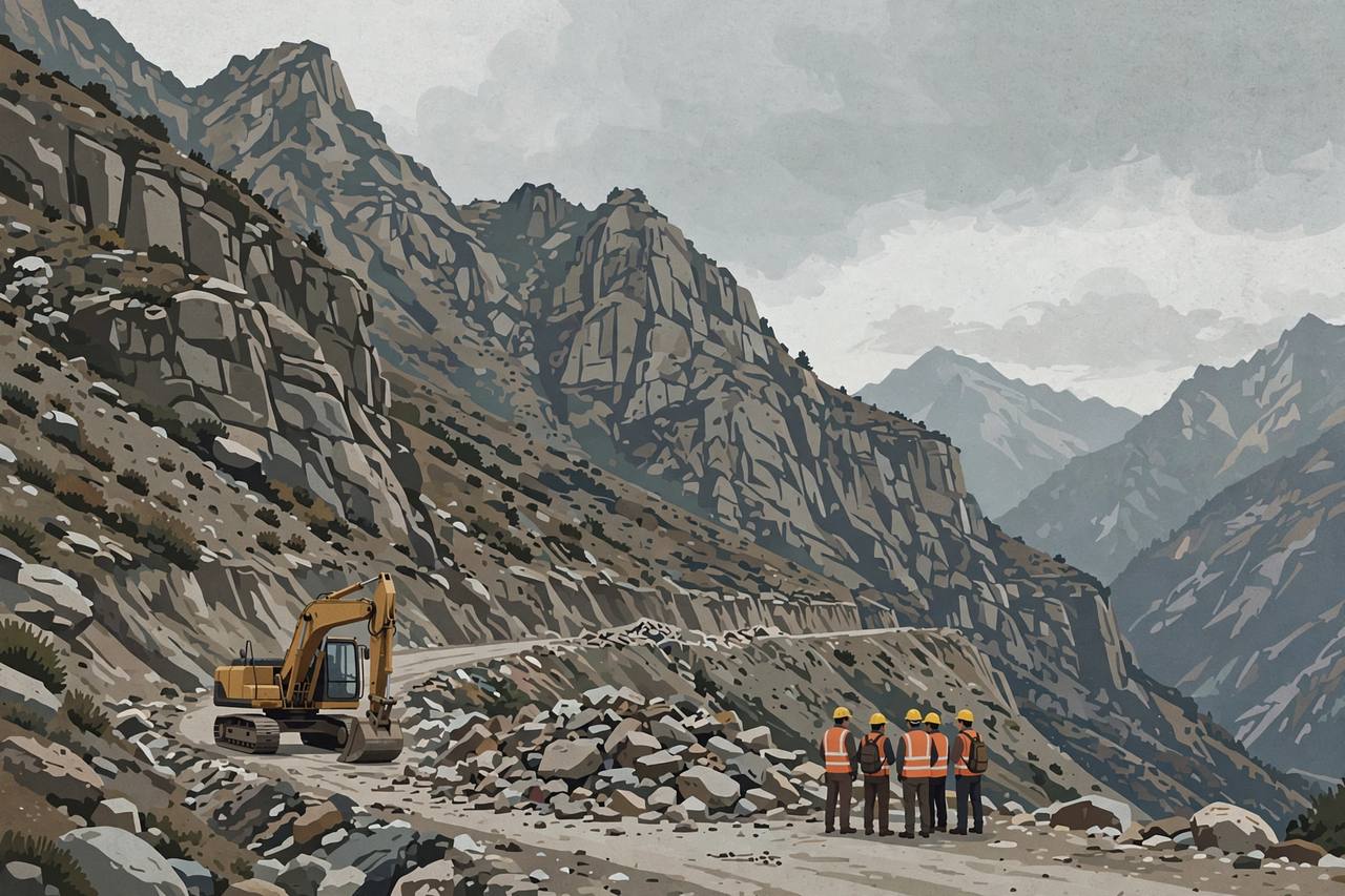 Editorial illustration: BRO workers in orange safety vests and helmets stand at a safe distance from fallen rocks and debris blocking a steep Himalayan mountain road under construction, a stopped excavator nearby, overcast sky