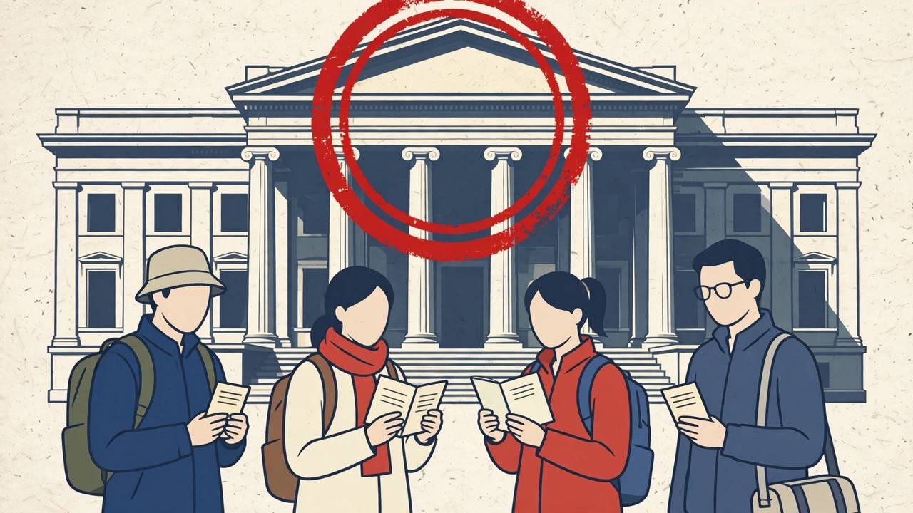 Editorial illustration of travellers holding visa documents in front of a US government building with a large cancelled stamp