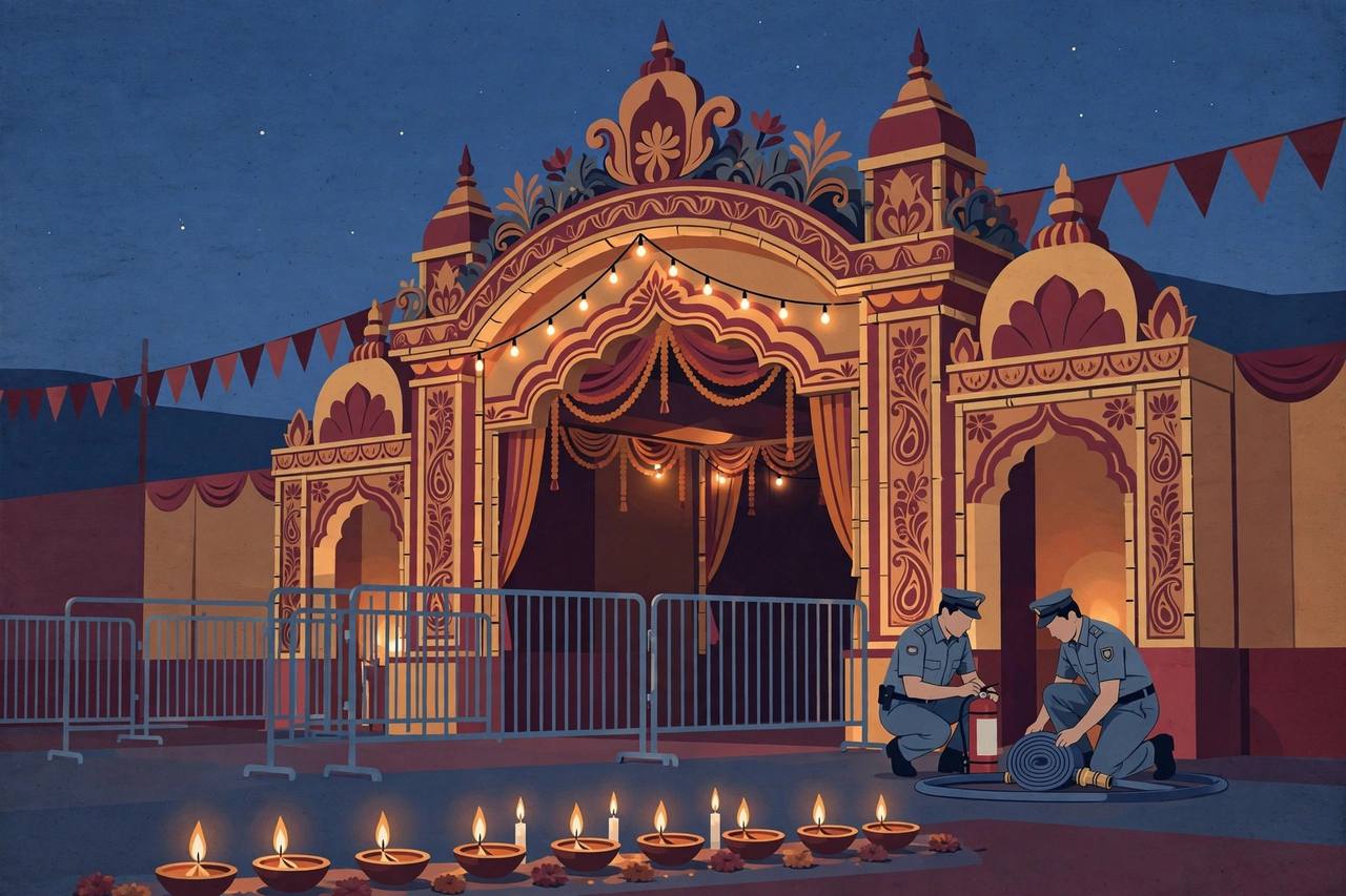 Editorial illustration: a Kolkata Durga Puja pandal entrance at dusk with crowd-control barricades, uniformed officials inspecting fire-safety equipment, and a row of lit candles and diyas in tribute in the foreground