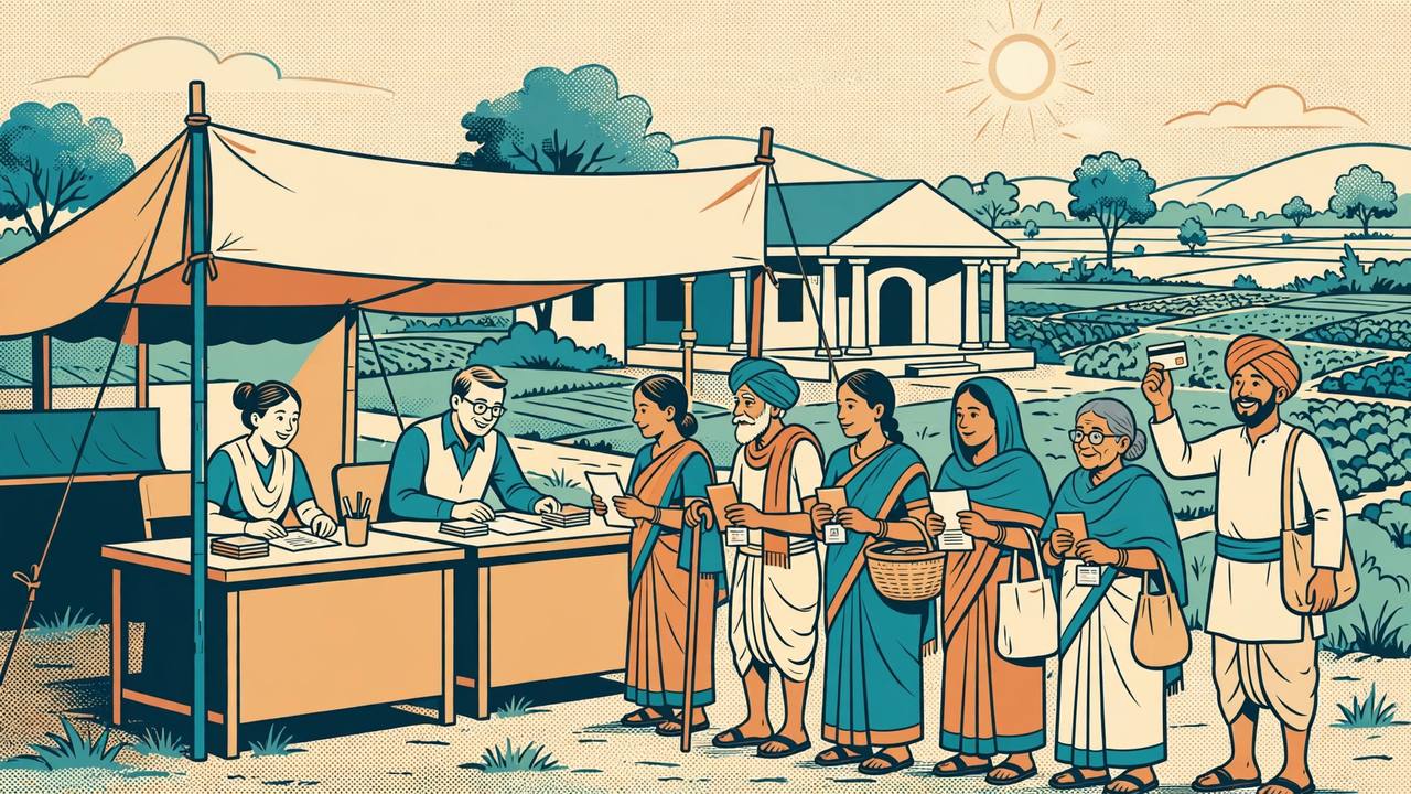 Editorial illustration: villagers queueing with passbooks and ID cards at an outdoor bank camp tent in a village, with a panchayat building and fields behind