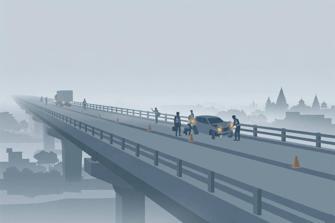 Editorial illustration: a Scorpio SUV and a truck after a collision on an overbridge on the Prayagraj–Varanasi highway at night