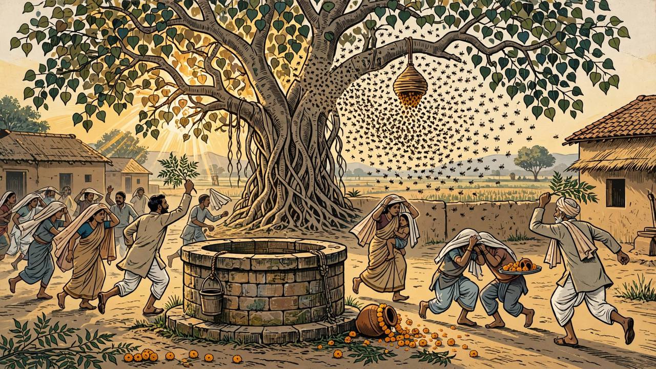 Editorial illustration: villagers gathered at a well for Jawara Visarjan in Rajoda village, Dewas, fleeing a honeybee swarm from a beehive on a peepal tree