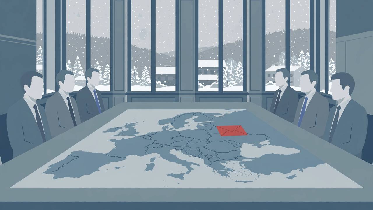 Editorial illustration: two groups of generic diplomats at opposite ends of a long negotiation table with a map of Eastern Europe and a sealed peace proposal between them, snow outside tall windows