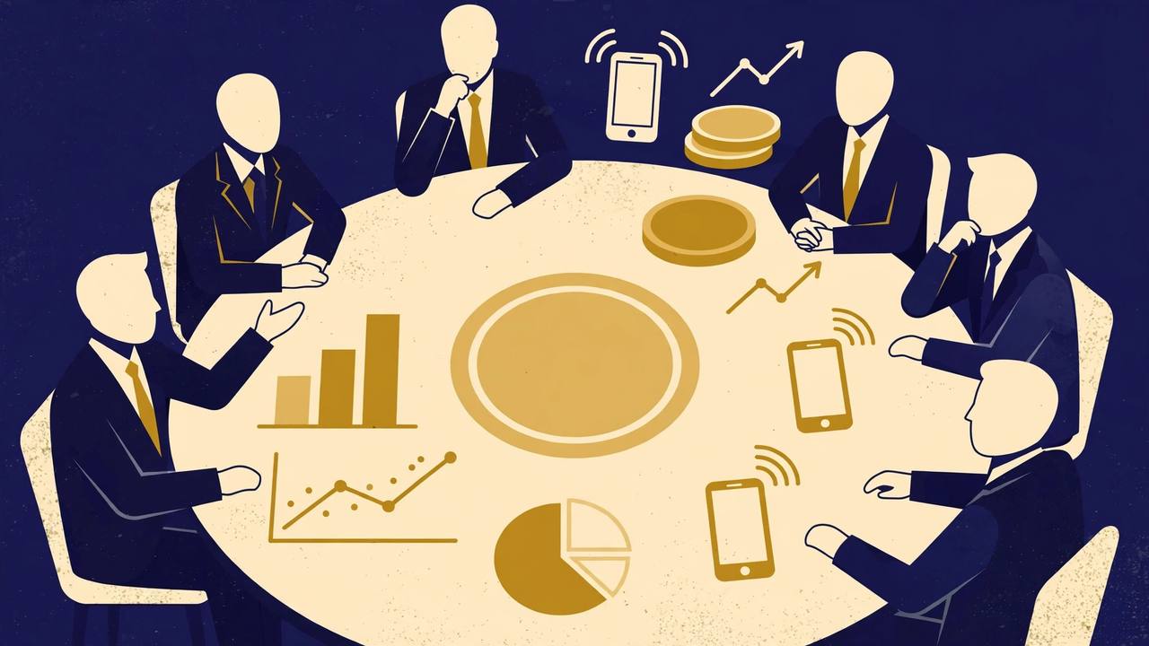 Editorial illustration: generic central bankers and policymakers seated around a large round conference table discussing charts, coins and digital payment symbols