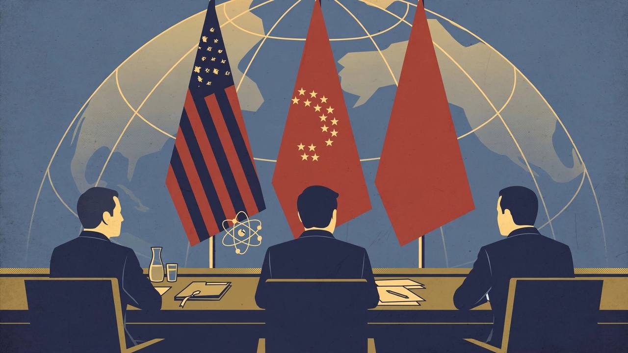 Editorial illustration: three generic world leaders seated at a summit table with stylised flags and a globe behind them