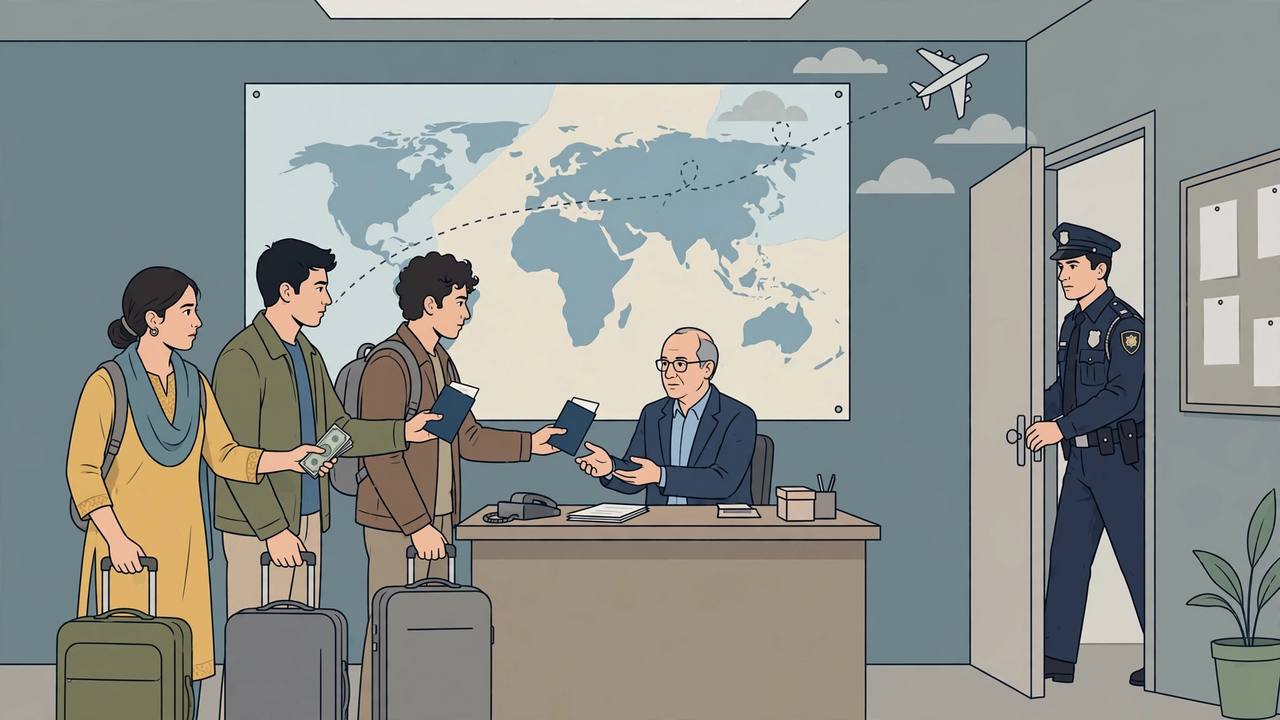 Editorial illustration: young travellers with suitcases handing passports and cash to an agent at a travel-office desk, a world map with a dotted flight route on the wall behind them, as a uniformed police officer steps in through the door