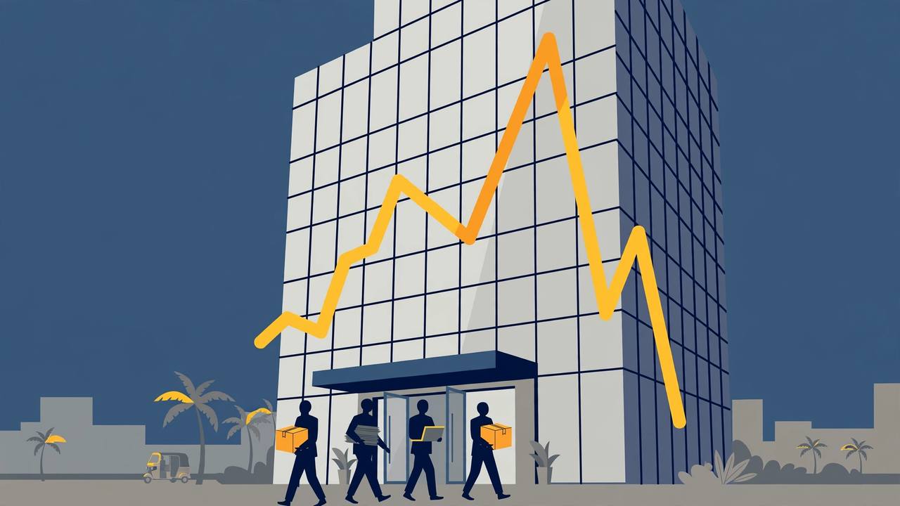 Editorial illustration: enforcement investigators carrying seized files, laptops and document boxes out of a modern Mumbai office, with a stock chart in the background that shoots up sharply then drops