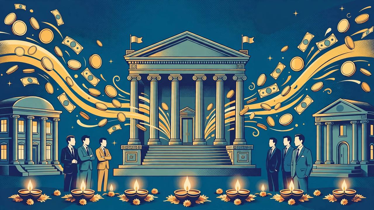 Editorial illustration: a grand columned central bank building releasing streams of gold coins and rupee notes toward smaller bank buildings on either side, bankers in suits watching, Diwali diyas lit in the foreground