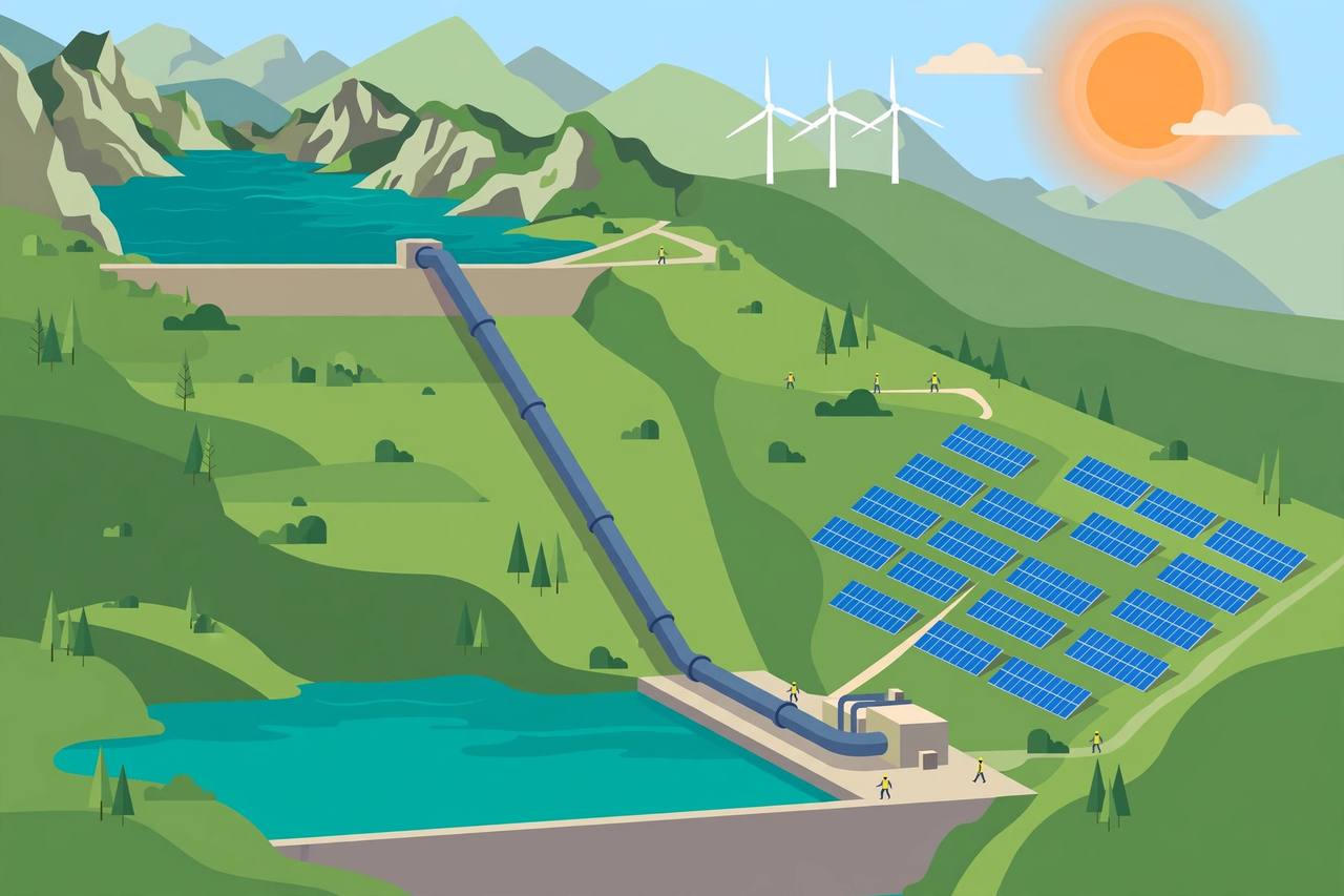 Editorial illustration: a pumped-storage hydro dam with upper and lower reservoirs linked by a penstock pipe, solar panels on the hillside and wind turbines on the ridge
