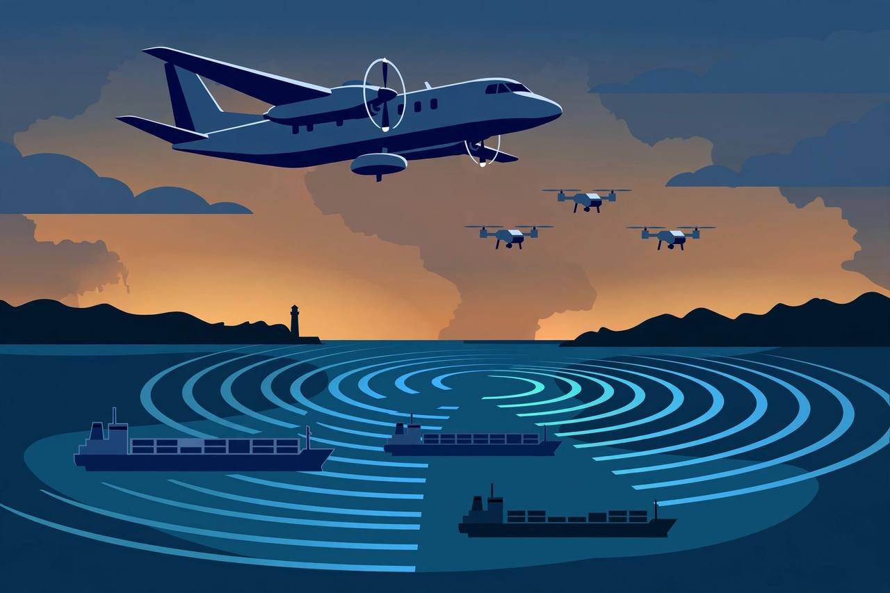 Editorial illustration: a maritime patrol aircraft and drones over cargo ships in the Black Sea, with radar sweeps