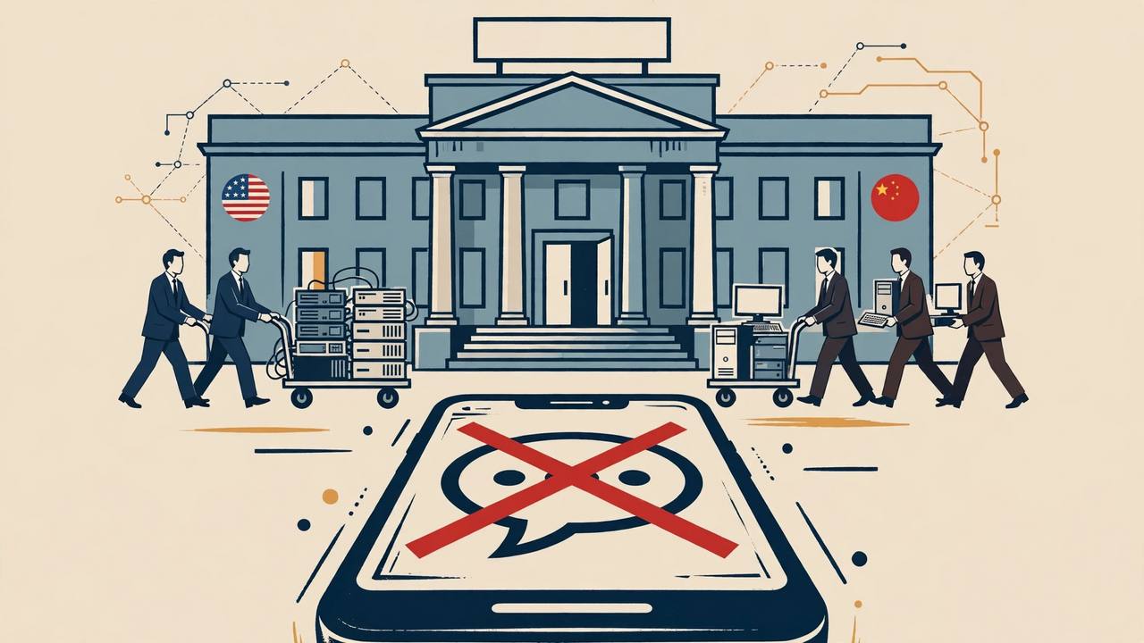 Editorial illustration: generic officials wheeling computer servers out of a government building beside a smartphone with a generic AI chatbot icon crossed out, symbolising the US federal DeepSeek ban.