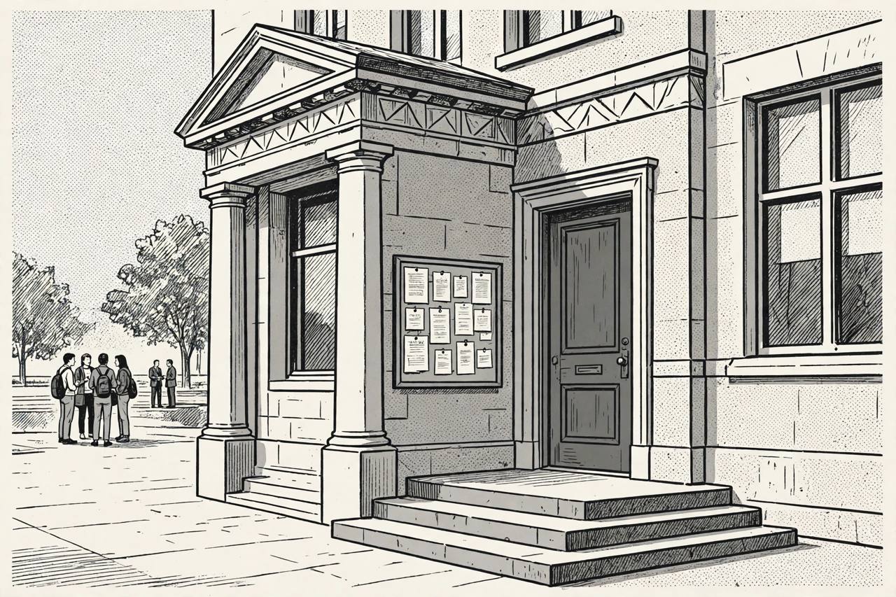 Editorial illustration: a university building entrance with generic figures, an inquiry scene