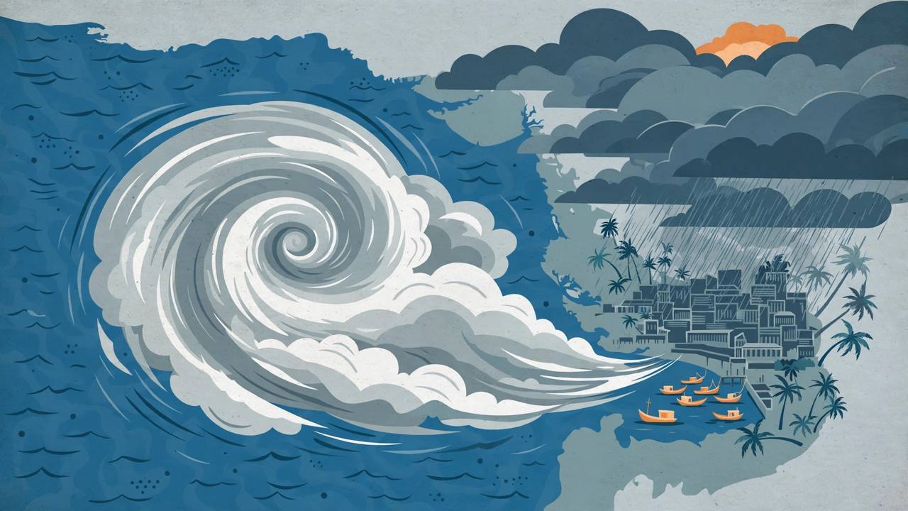 Editorial illustration: a swirling low-pressure system over the Bay of Bengal moving towards a rain-lashed south Indian coastal city