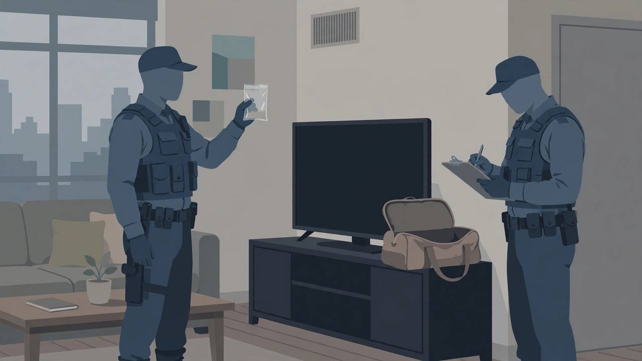 Editorial illustration: narcotics officers in uniform conducting a raid inside a city apartment living room, one officer holding up a small sealed evidence packet beside an open bag behind a television, another officer writing on a clipboard