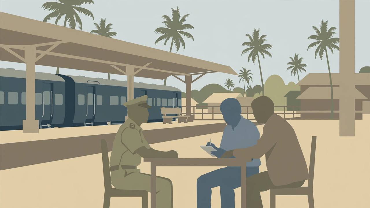 Editorial illustration: a Kerala railway station platform with a train and palm trees, a uniformed security guard seated across a table from two investigators recording his statement