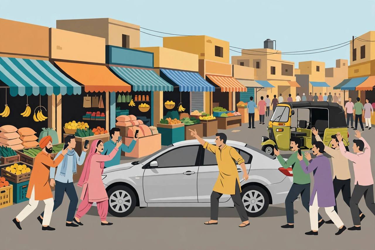 Editorial illustration: a silver sedan in a crowded Ludhiana market street as bystanders react and film the scene on their phones