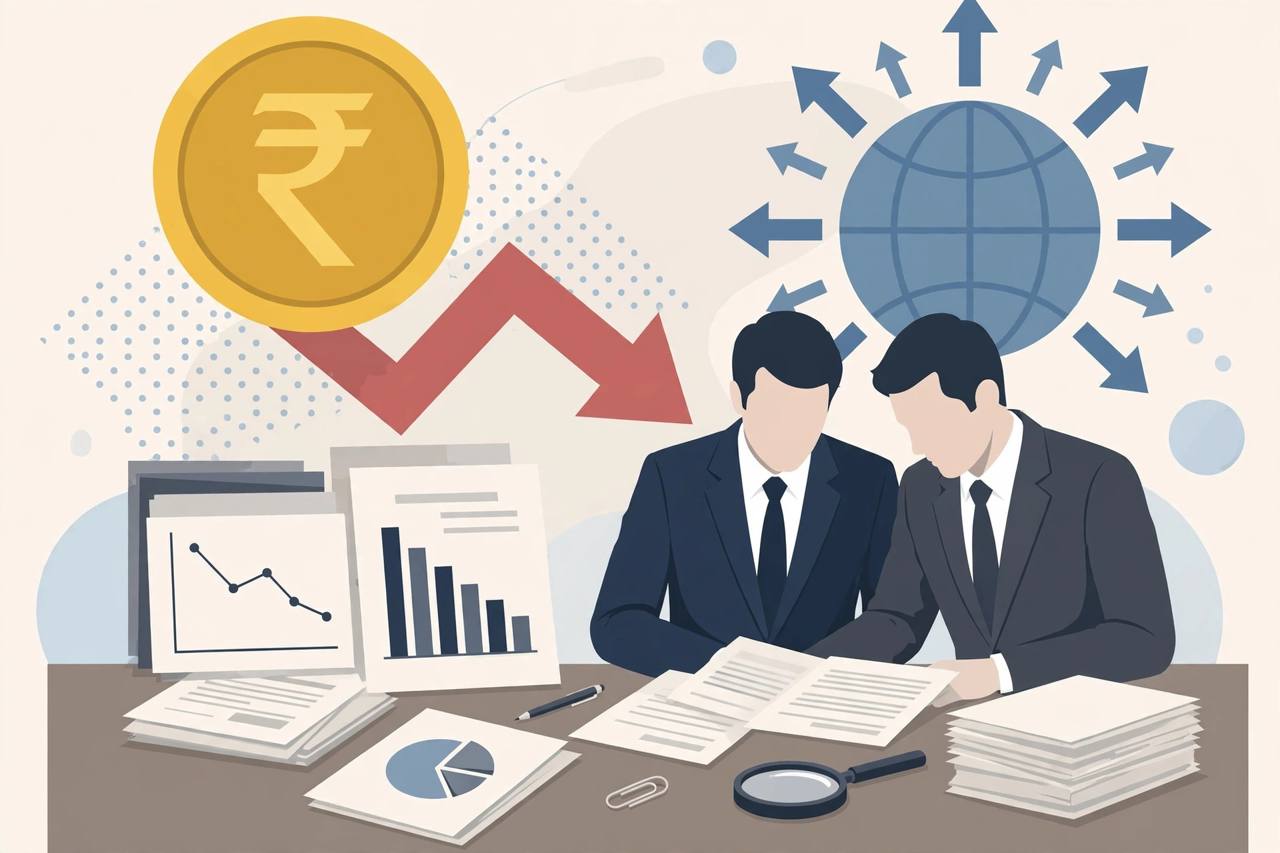 Editorial illustration: two bankers in suits reviewing documents at a desk beneath a large falling rupee coin and a red down arrow, charts on the desk and a globe with outward arrows behind them