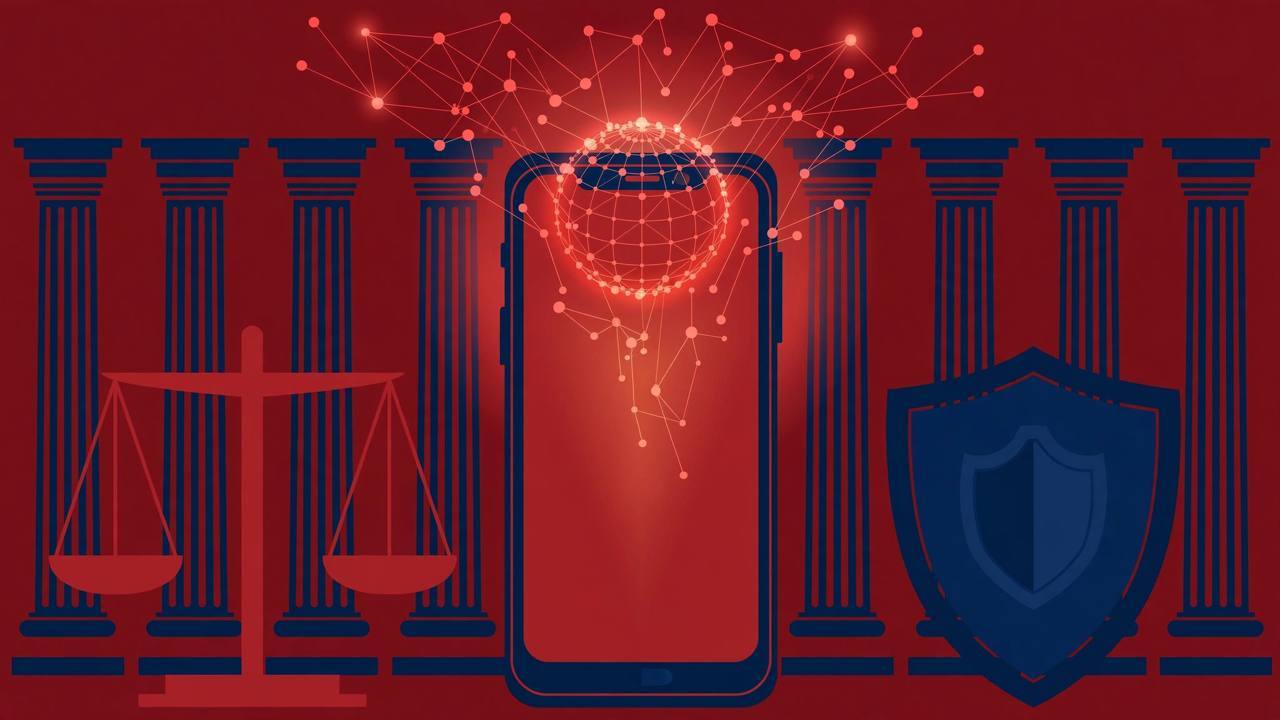 Editorial illustration: a smartphone with a glowing internet network globe, flanked by court pillars, the scales of justice and a shield