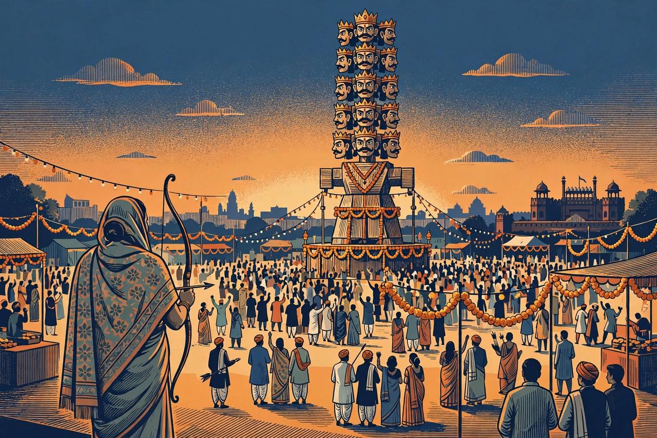 Editorial illustration: a towering Ravana effigy at a Delhi Dussehra ground at dusk, with a dignitary in a sari holding a ceremonial bow and crowds celebrating