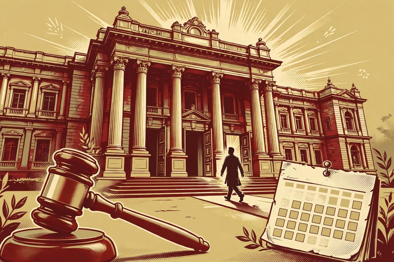 Editorial illustration: a courthouse with a judge's gavel and a calendar, a generic silhouetted figure in front