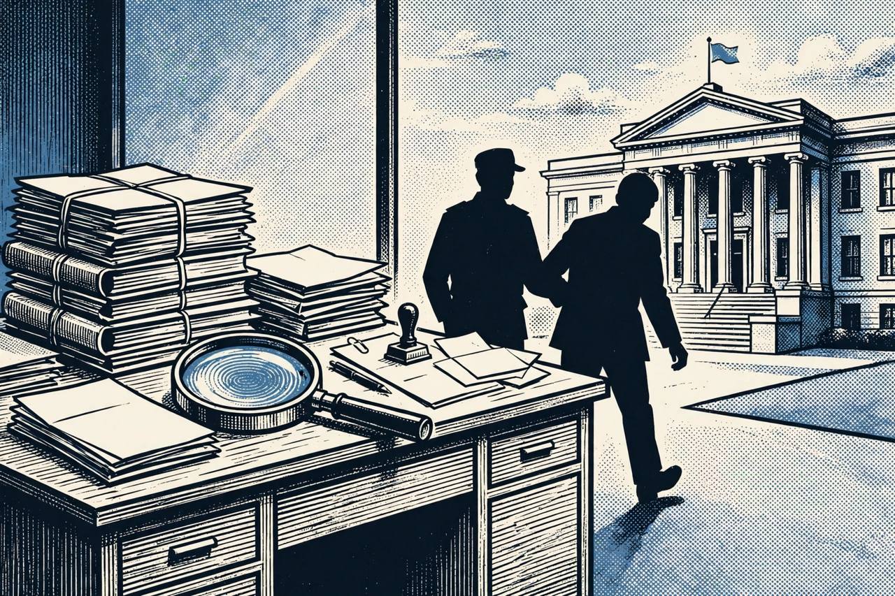 Editorial illustration: investigation files and a case folder in front of a courthouse, in a bribery investigation scene